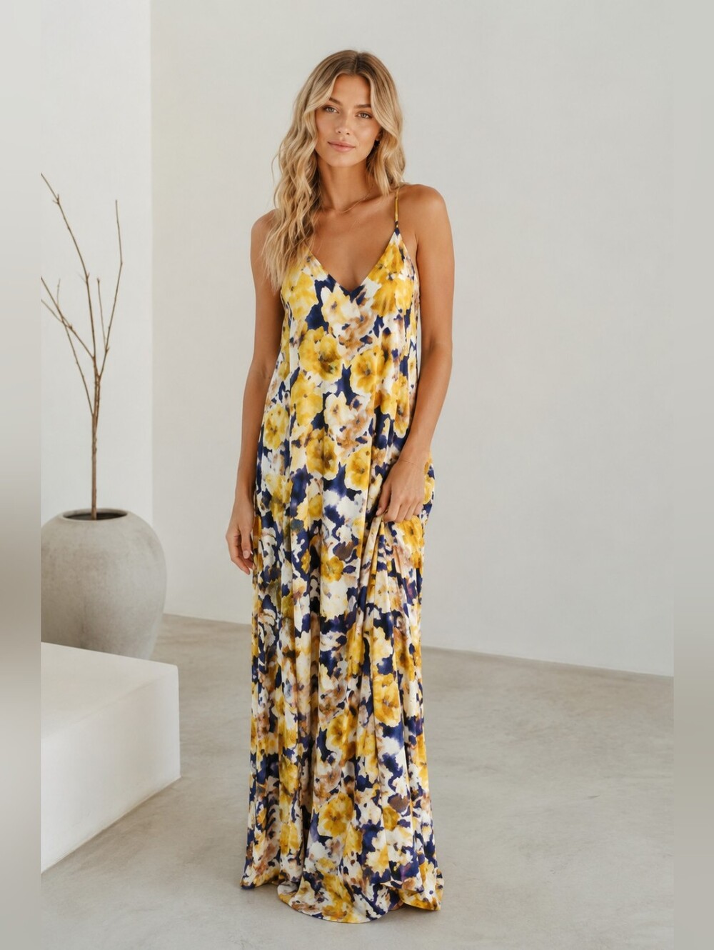 Nicole Miller New York Floral Maxi Dress XS Yellow Navy